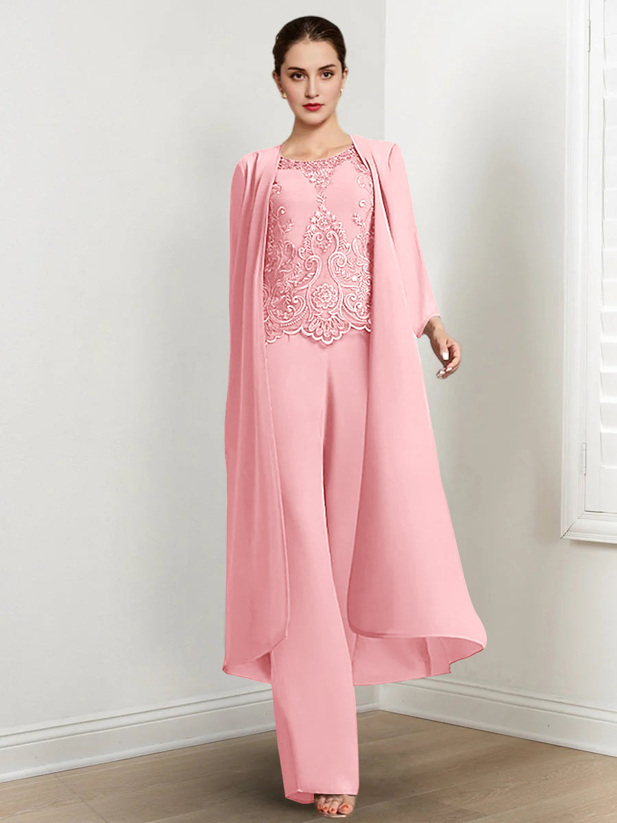 Long Round Neck Chiffon Pantsuits For The Mother Of The Bride With Jacket And Applique