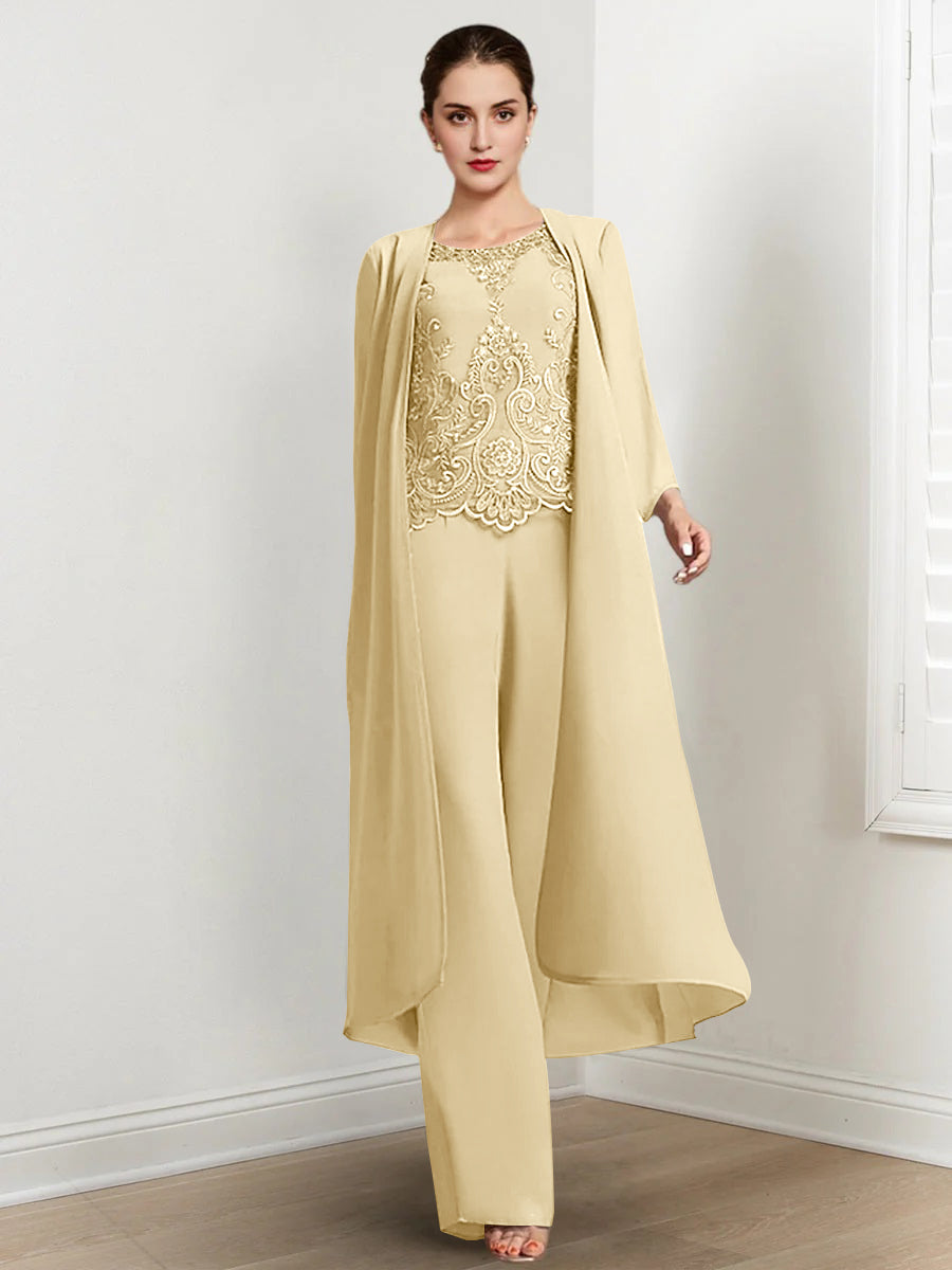 Long Round Neck Chiffon Pantsuits For The Mother Of The Bride With Jacket And Applique