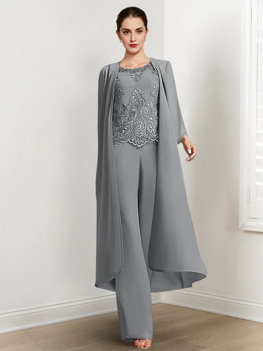 Long Round Neck Chiffon Pantsuits For The Mother Of The Bride With Jacket And Applique