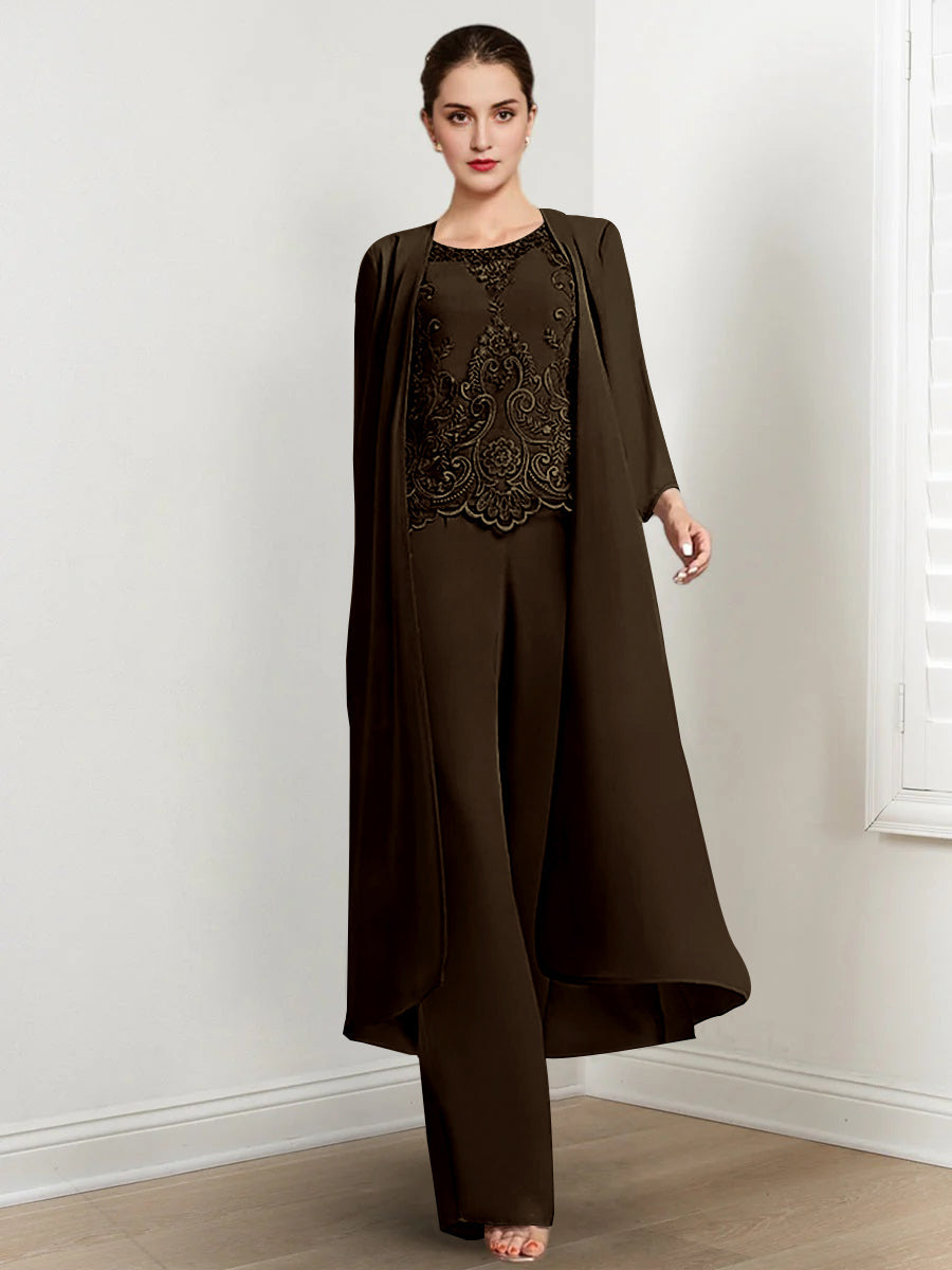 Long Round Neck Chiffon Pantsuits For The Mother Of The Bride With Jacket And Applique