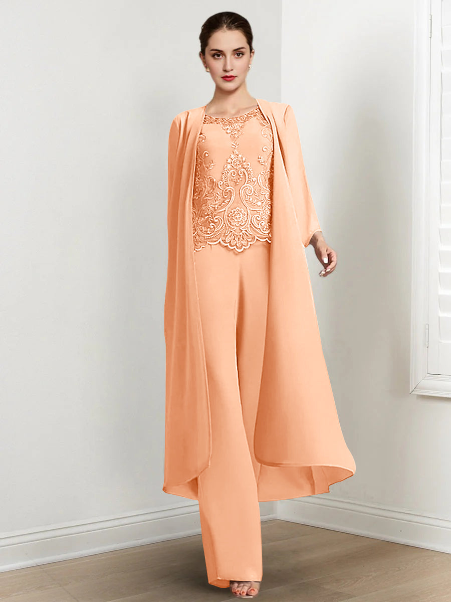 Long Round Neck Chiffon Pantsuits For The Mother Of The Bride With Jacket And Applique