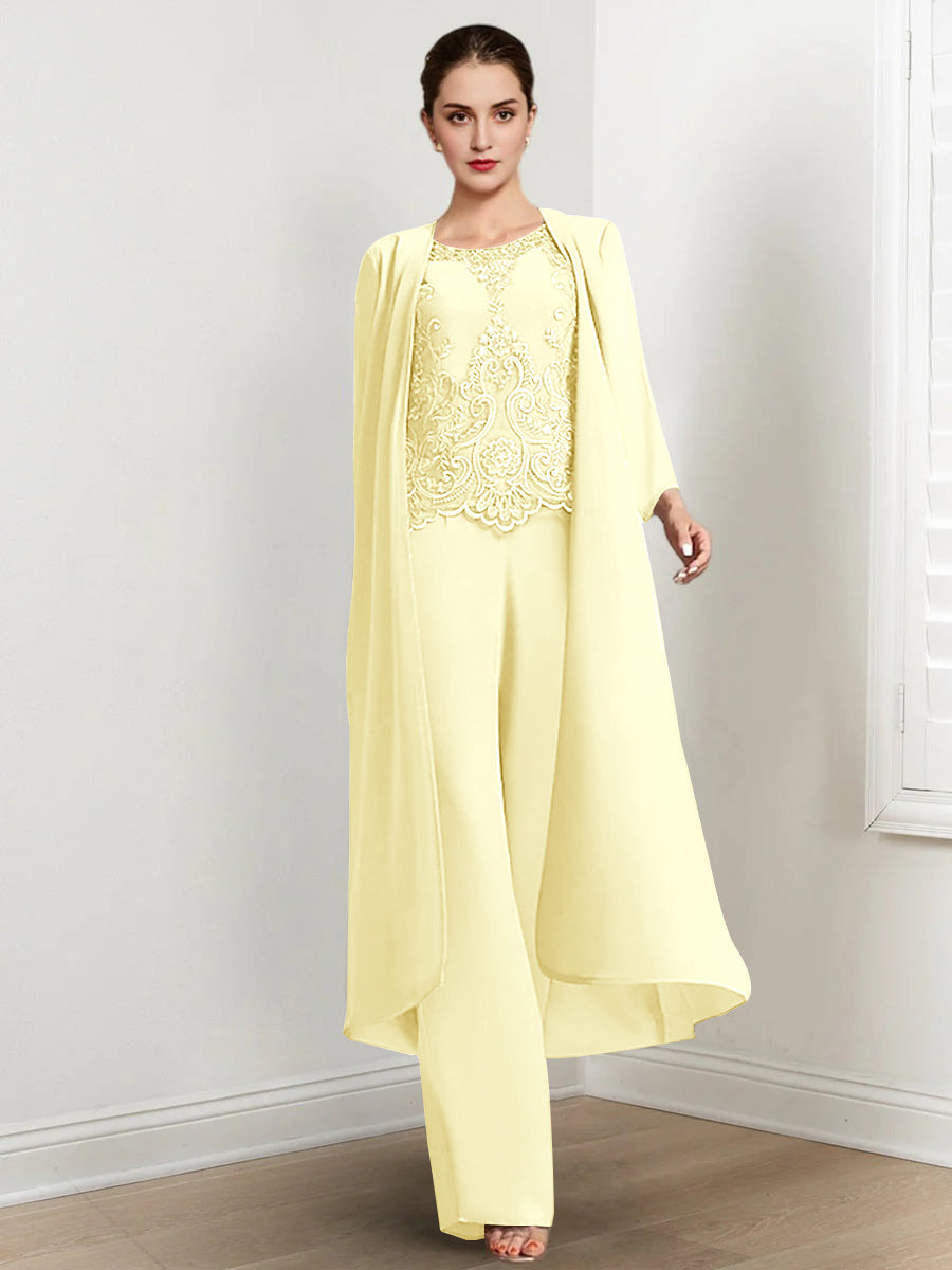 Long Round Neck Chiffon Pantsuits For The Mother Of The Bride With Jacket And Applique