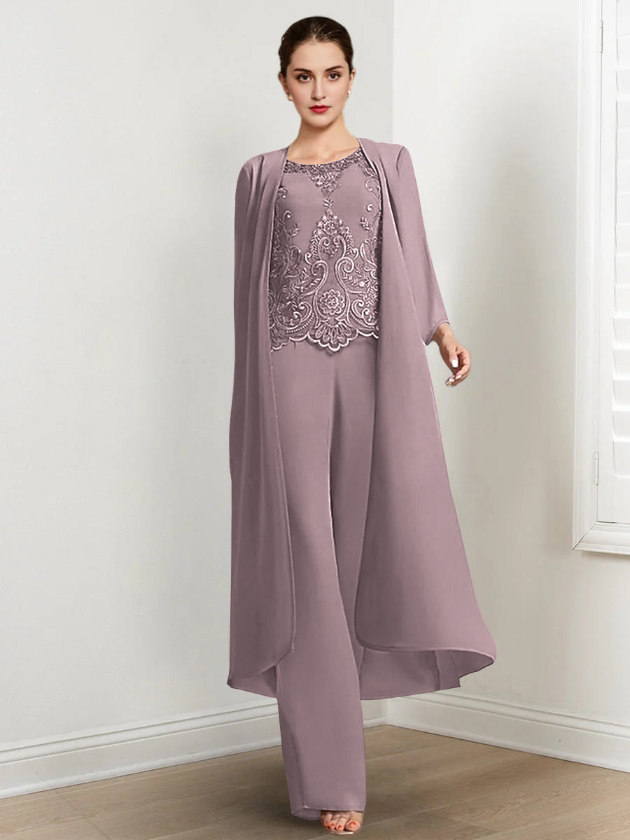 Long Round Neck Chiffon Pantsuits For The Mother Of The Bride With Jacket And Applique