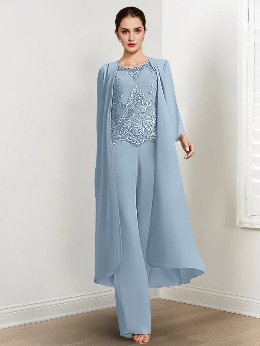 Long Round Neck Chiffon Pantsuits For The Mother Of The Bride With Jacket And Applique