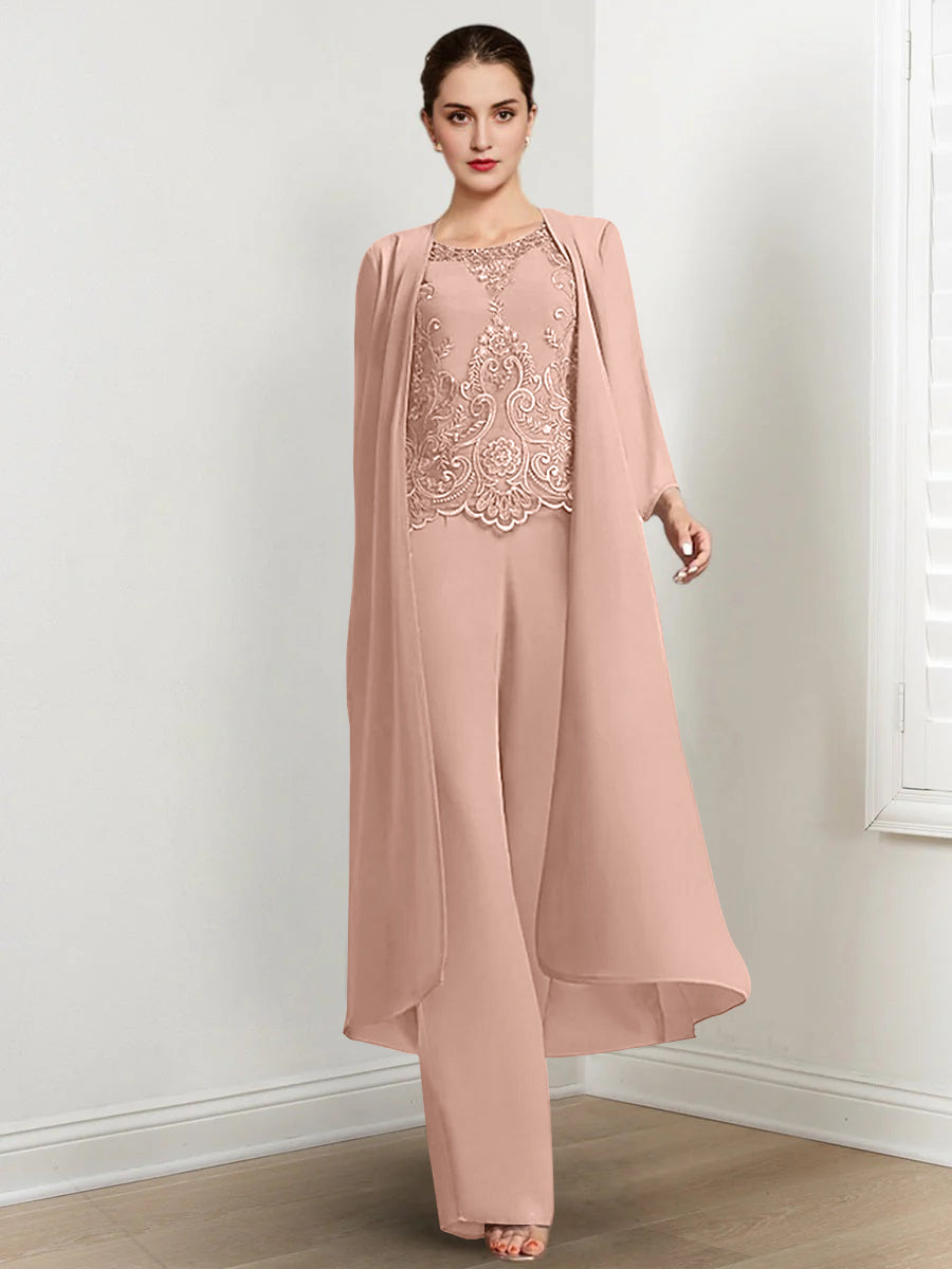 Long Round Neck Chiffon Pantsuits For The Mother Of The Bride With Jacket And Applique