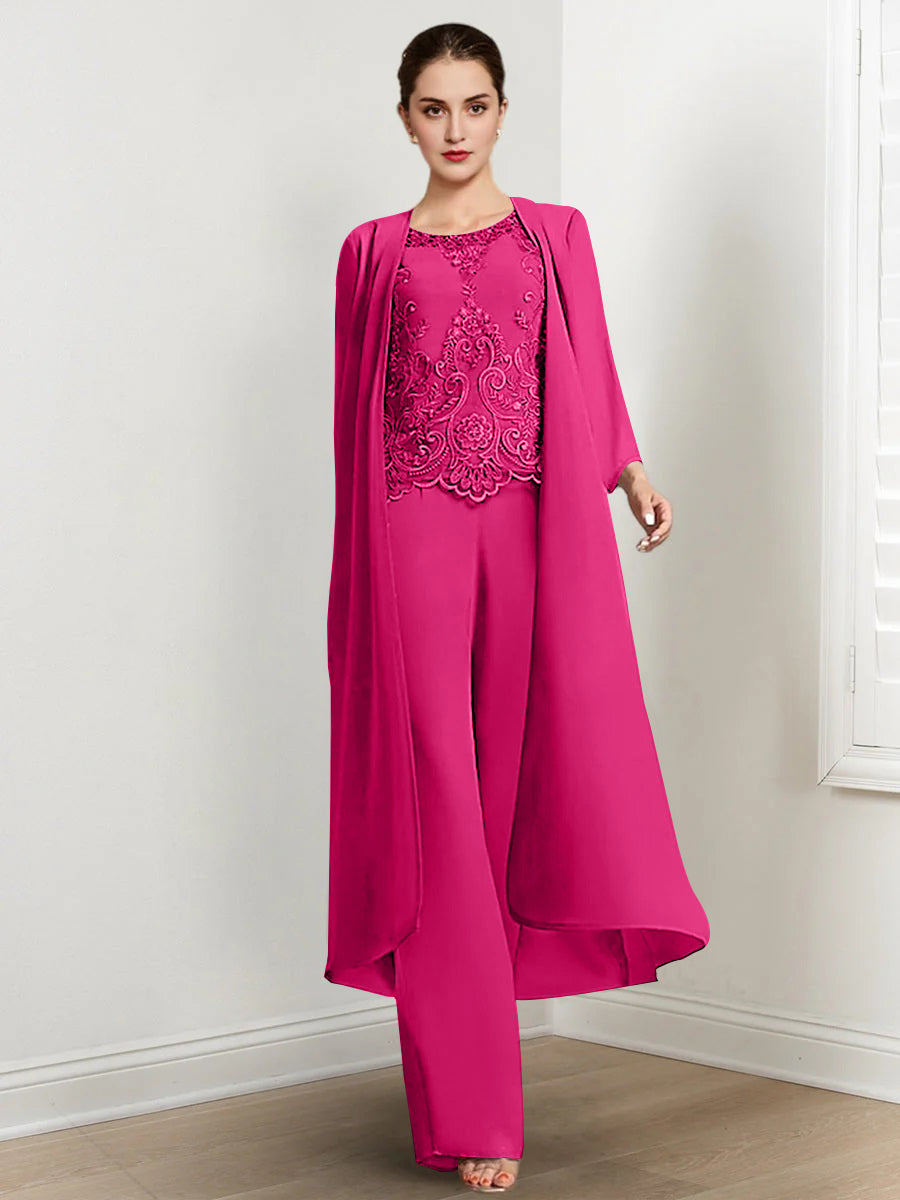 Long Round Neck Chiffon Pantsuits For The Mother Of The Bride With Jacket And Applique