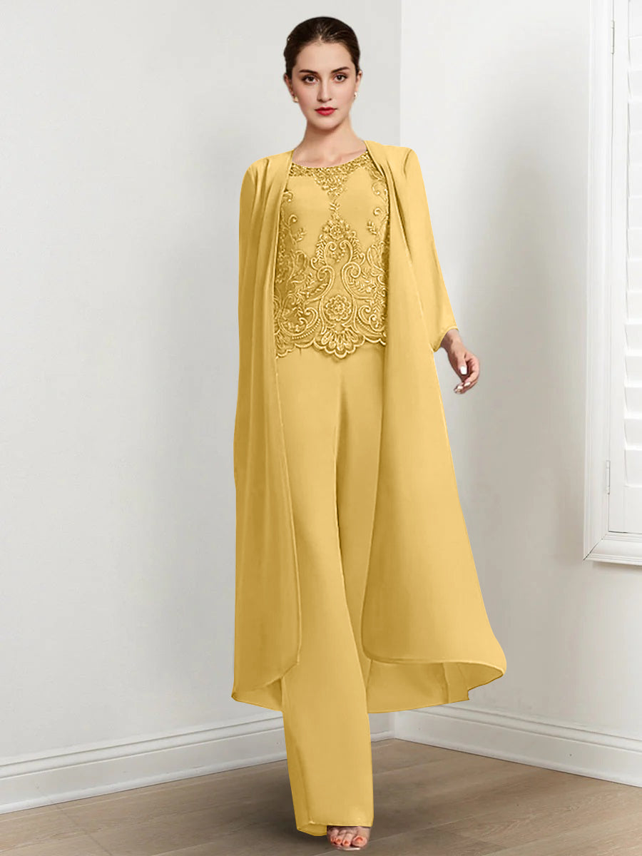 Long Round Neck Chiffon Pantsuits For The Mother Of The Bride With Jacket And Applique