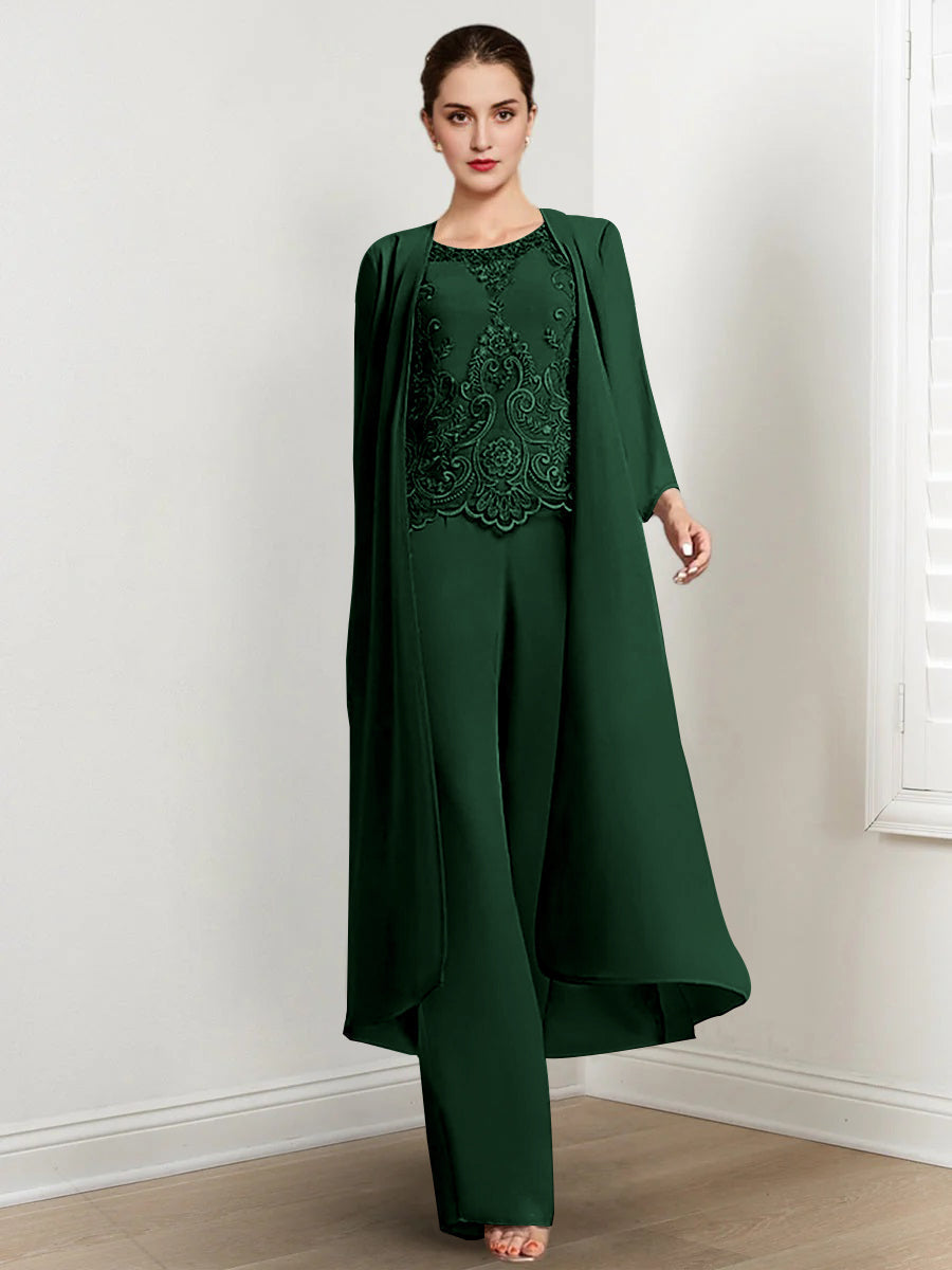 Long Round Neck Chiffon Pantsuits For The Mother Of The Bride With Jacket And Applique