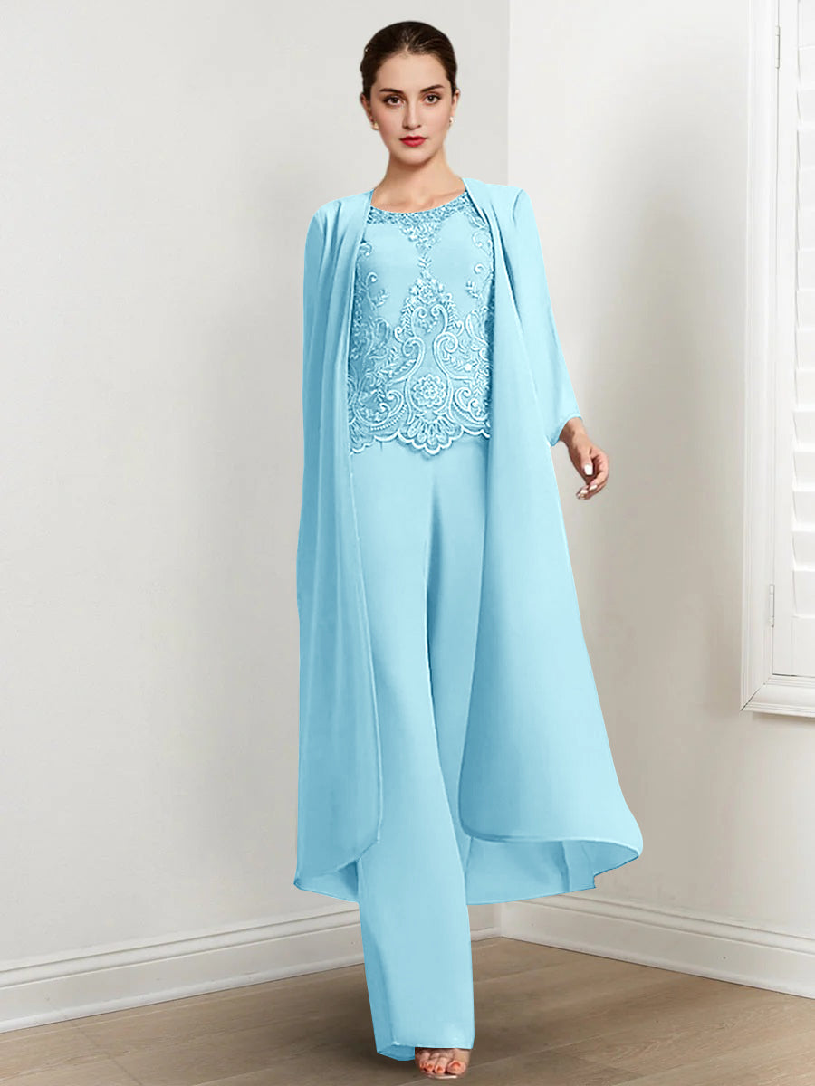 Long Round Neck Chiffon Pantsuits For The Mother Of The Bride With Jacket And Applique