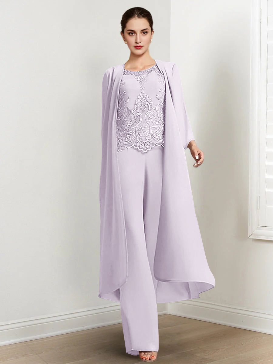 Long Round Neck Chiffon Pantsuits For The Mother Of The Bride With Jacket And Applique
