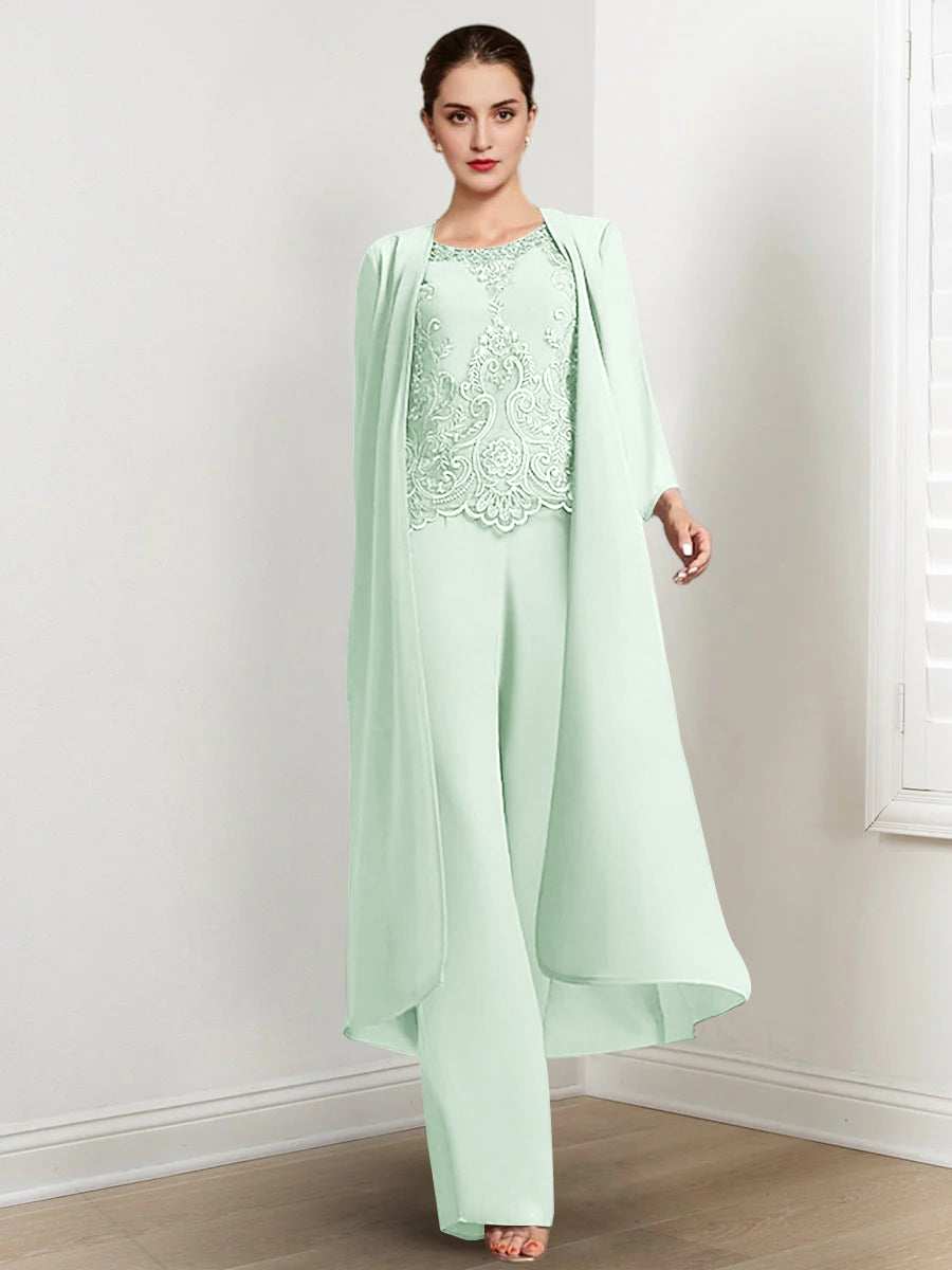 Long Round Neck Chiffon Pantsuits For The Mother Of The Bride With Jacket And Applique