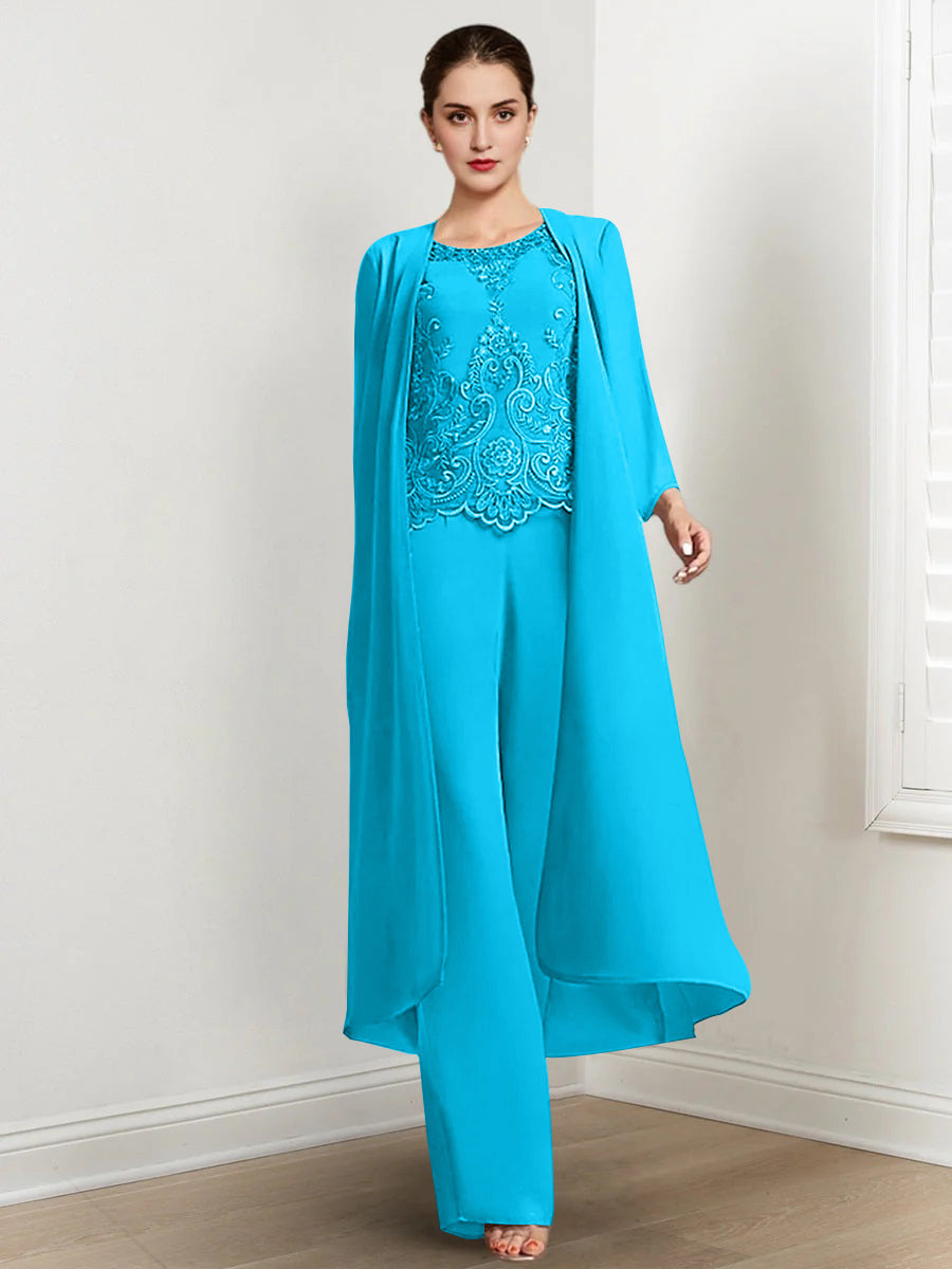 Long Round Neck Chiffon Pantsuits For The Mother Of The Bride With Jacket And Applique