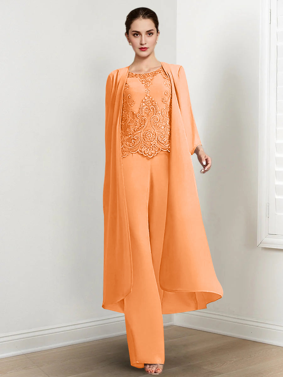 Long Round Neck Chiffon Pantsuits For The Mother Of The Bride With Jacket And Applique