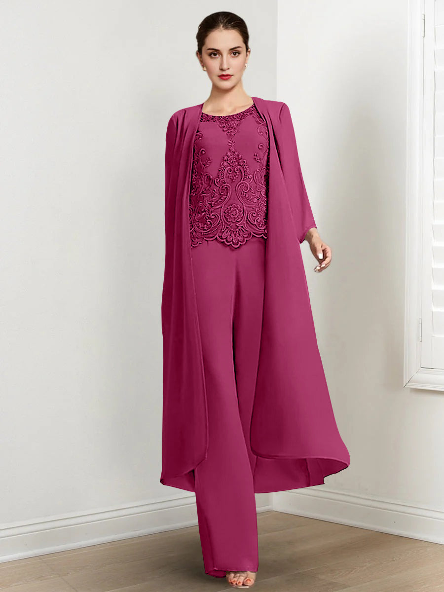 Long Round Neck Chiffon Pantsuits For The Mother Of The Bride With Jacket And Applique