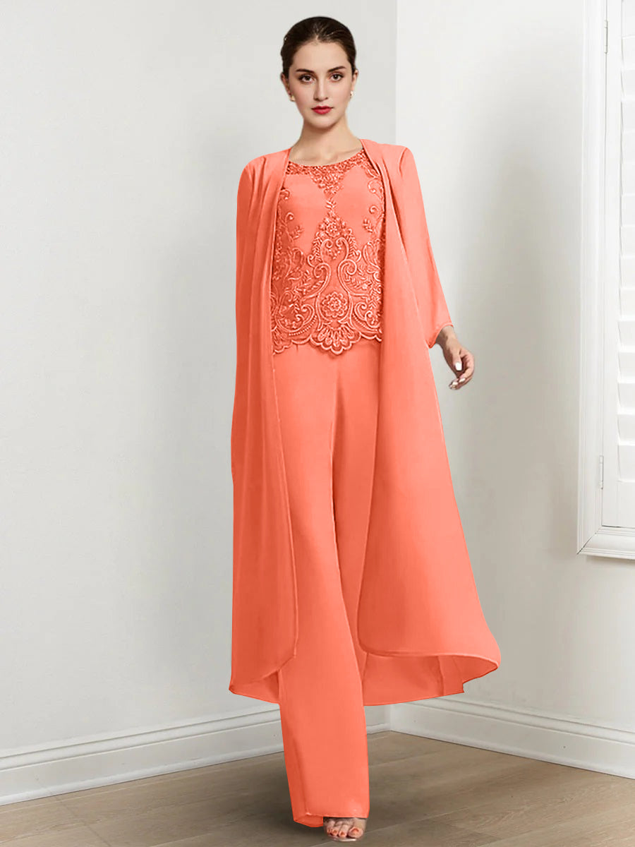 Long Round Neck Chiffon Pantsuits For The Mother Of The Bride With Jacket And Applique