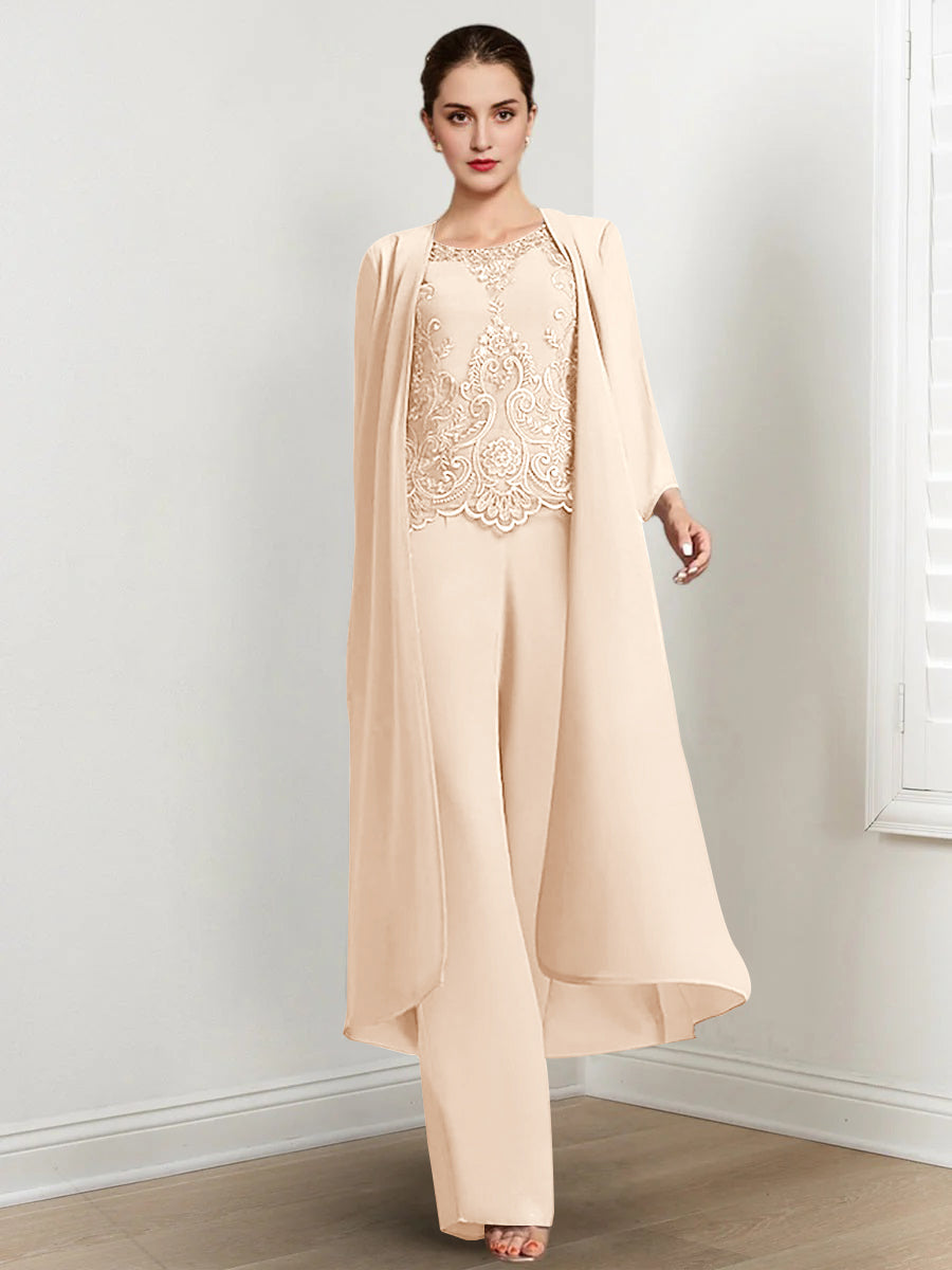 Long Round Neck Chiffon Pantsuits For The Mother Of The Bride With Jacket And Applique