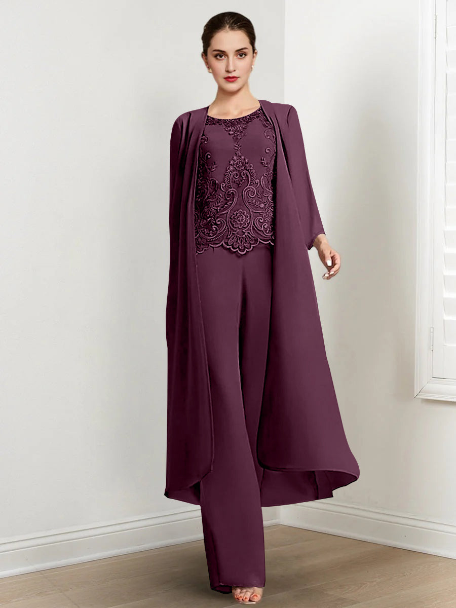Long Round Neck Chiffon Pantsuits For The Mother Of The Bride With Jacket And Applique