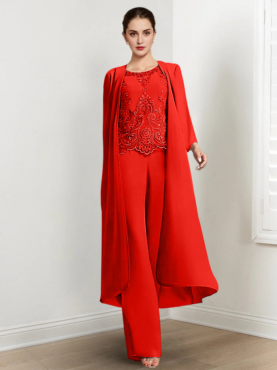 Long Round Neck Chiffon Pantsuits For The Mother Of The Bride With Jacket And Applique