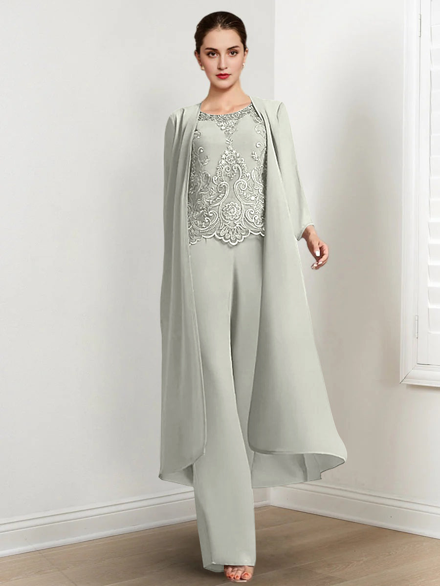 Long Round Neck Chiffon Pantsuits For The Mother Of The Bride With Jacket And Applique