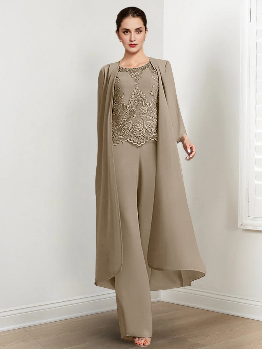 Long Round Neck Chiffon Pantsuits For The Mother Of The Bride With Jacket And Applique