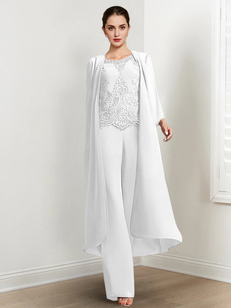 Long Round Neck Chiffon Pantsuits For The Mother Of The Bride With Jacket And Applique