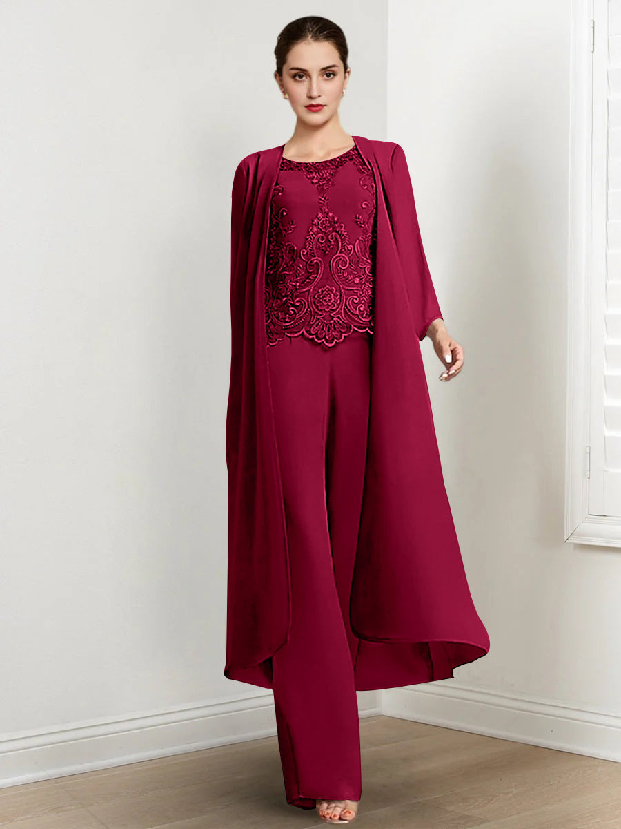 Long Round Neck Chiffon Pantsuits For The Mother Of The Bride With Jacket And Applique