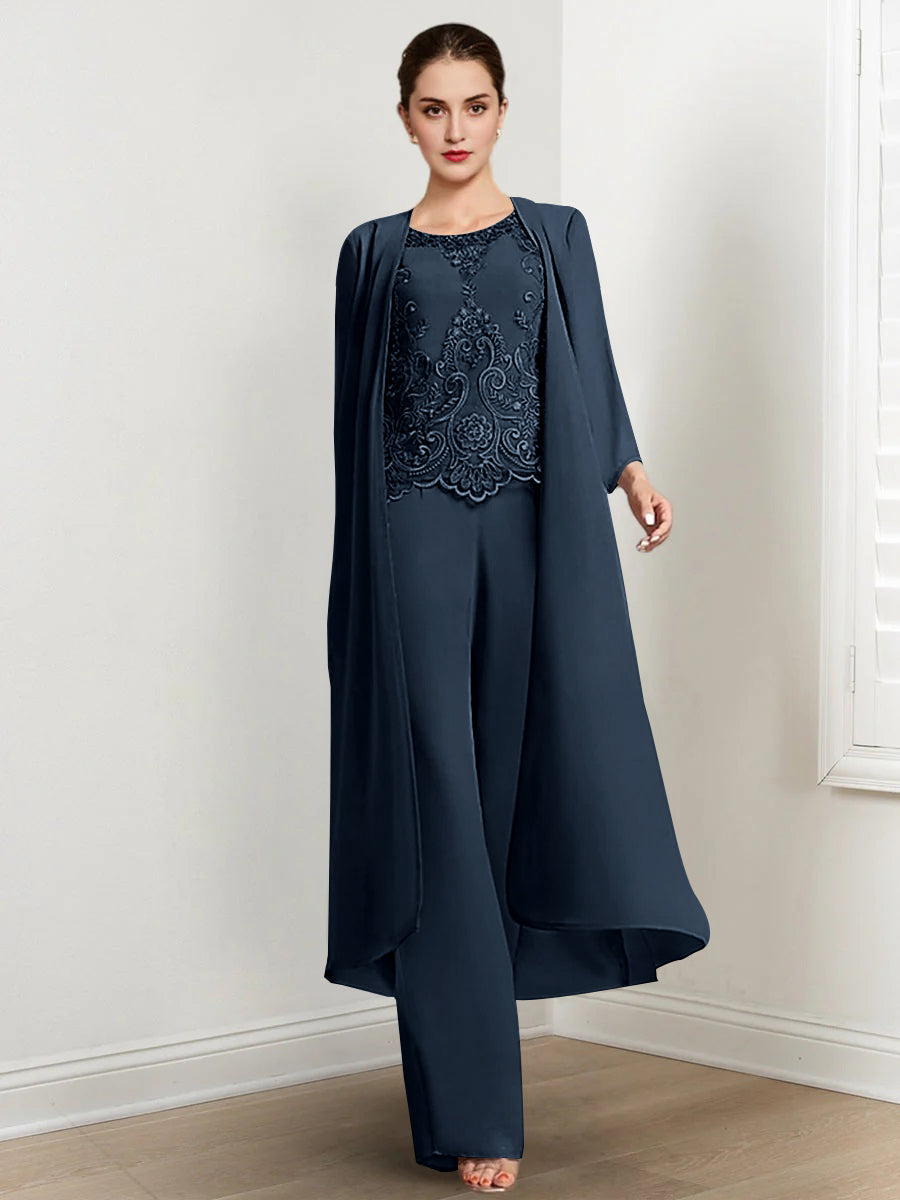 Long Round Neck Chiffon Pantsuits For The Mother Of The Bride With Jacket And Applique
