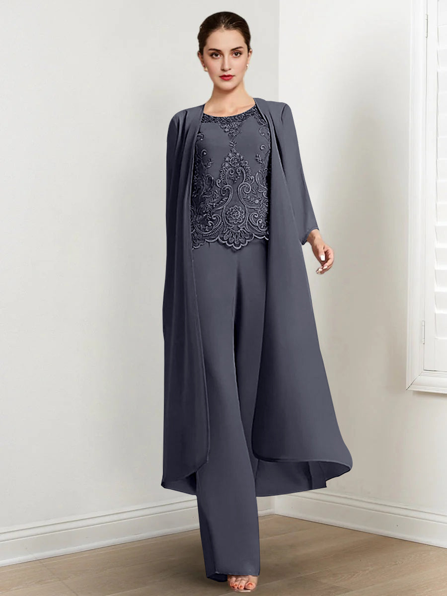 Long Round Neck Chiffon Pantsuits For The Mother Of The Bride With Jacket And Applique