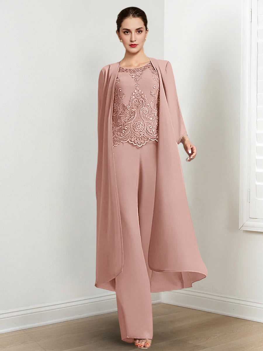 Long Round Neck Chiffon Pantsuits For The Mother Of The Bride With Jacket And Applique