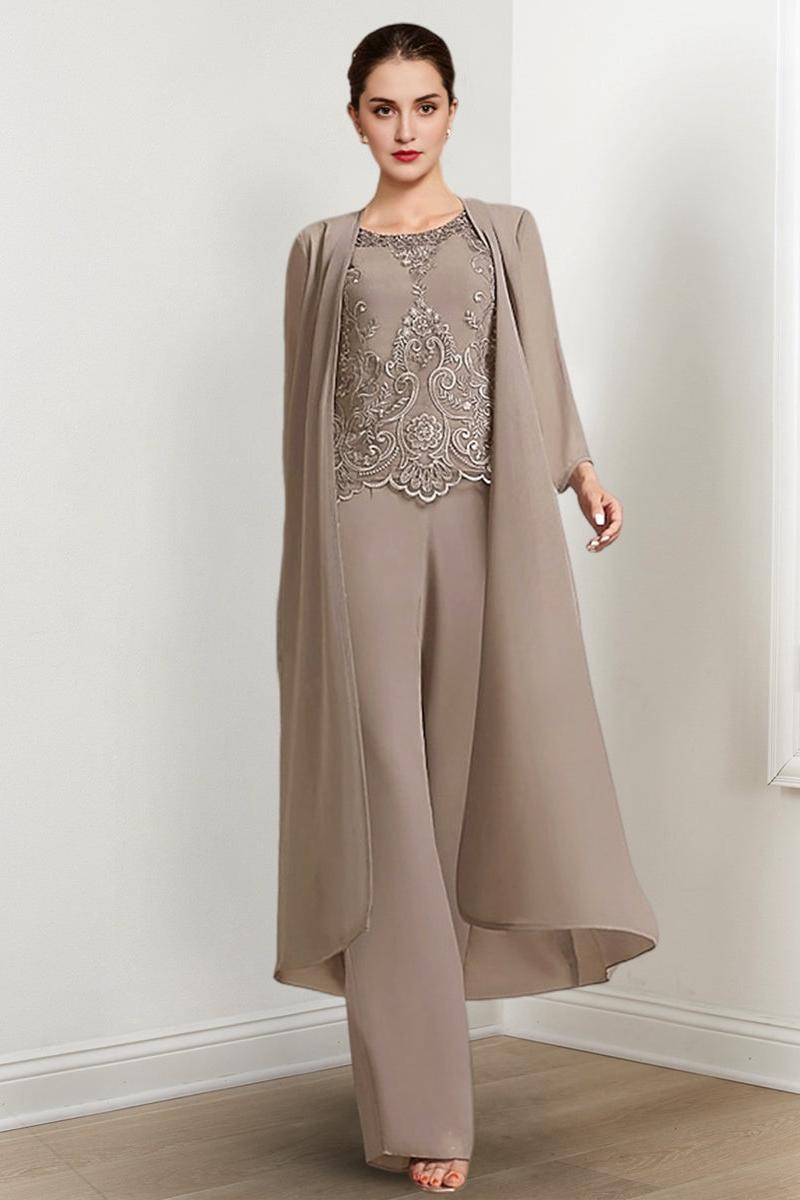 Long Round Neck Chiffon Pantsuits For The Mother Of The Bride With Jacket And Applique