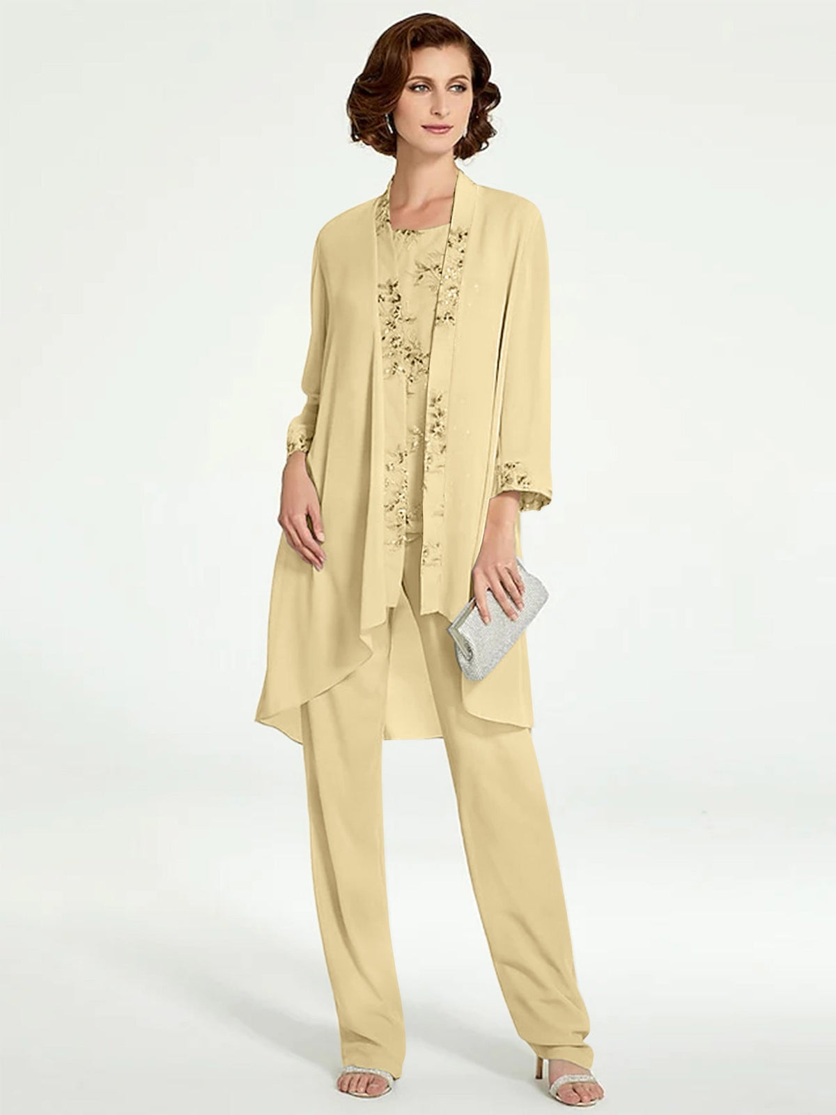 Long Round Neck Chiffon Pantsuits with Jacket for the Mother of the Bride