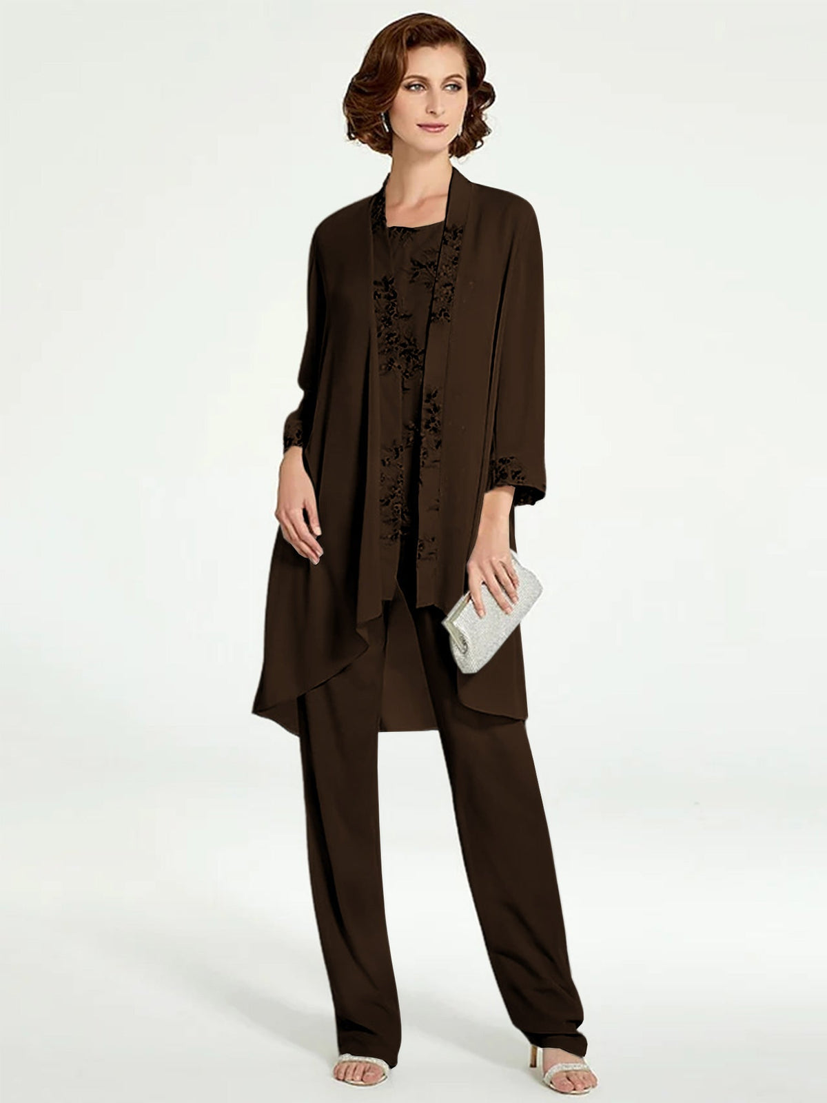 Long Round Neck Chiffon Pantsuits with Jacket for the Mother of the Bride
