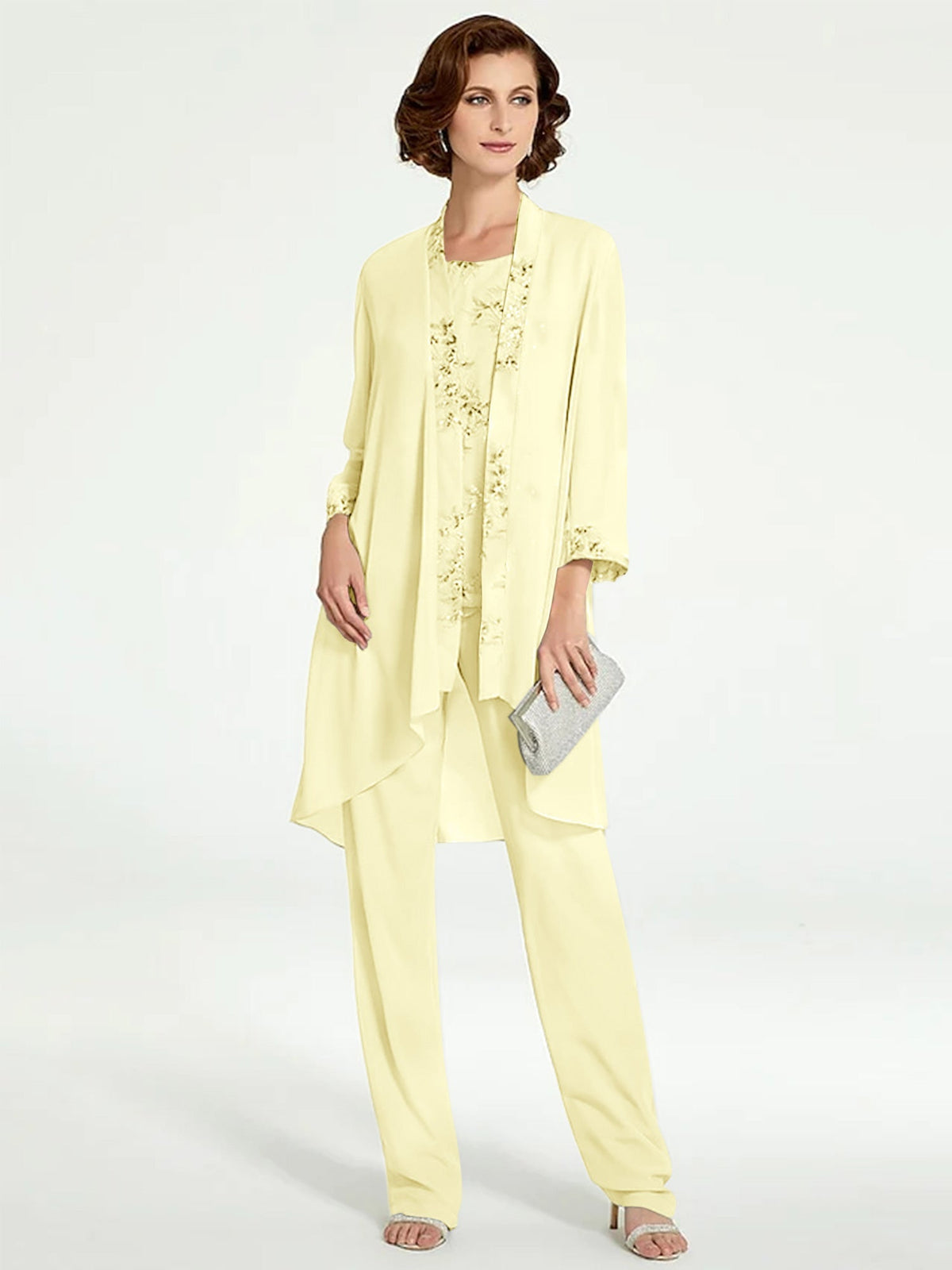 Long Round Neck Chiffon Pantsuits with Jacket for the Mother of the Bride