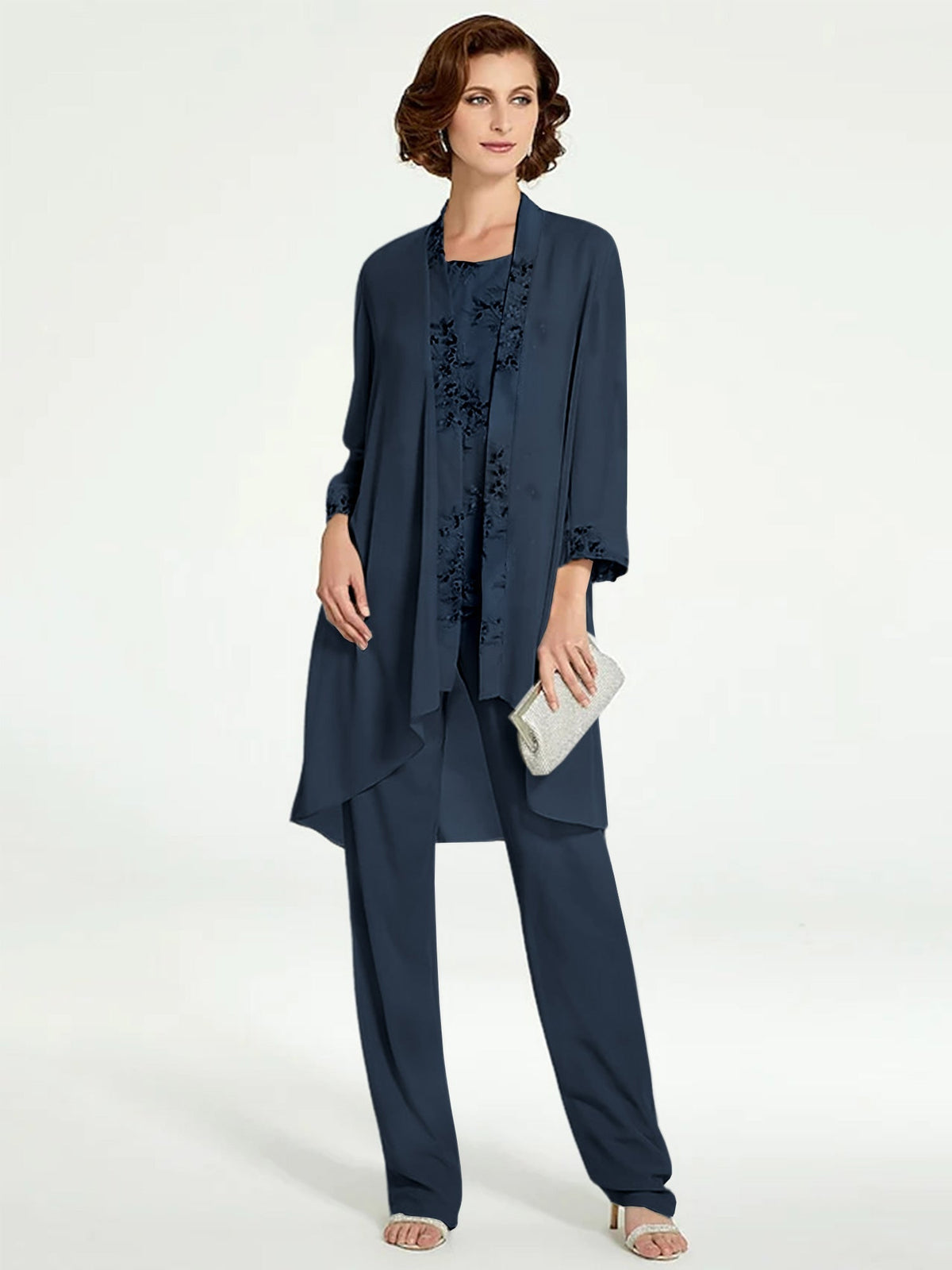 Long Round Neck Chiffon Pantsuits with Jacket for the Mother of the Bride