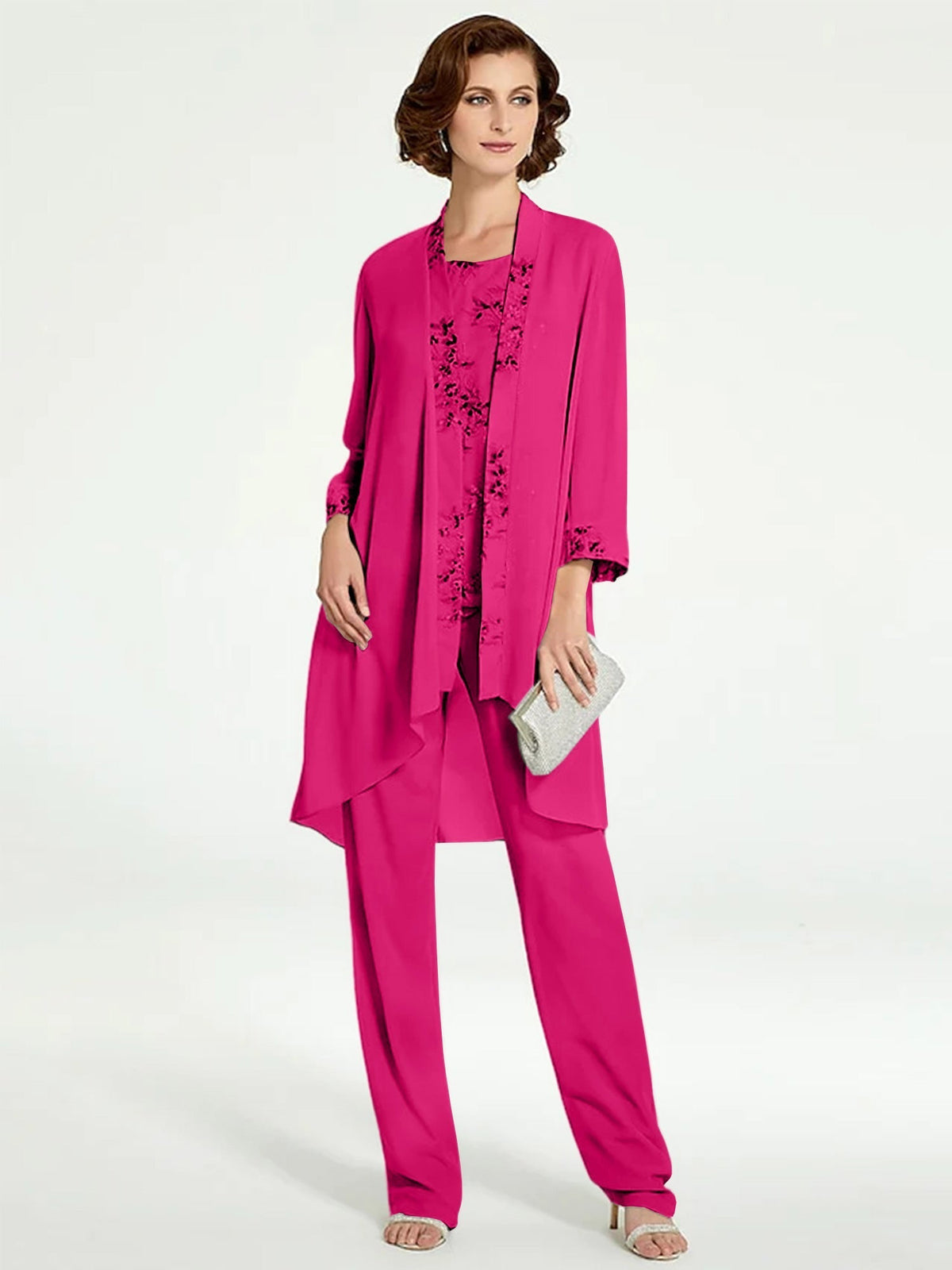 Long Round Neck Chiffon Pantsuits with Jacket for the Mother of the Bride