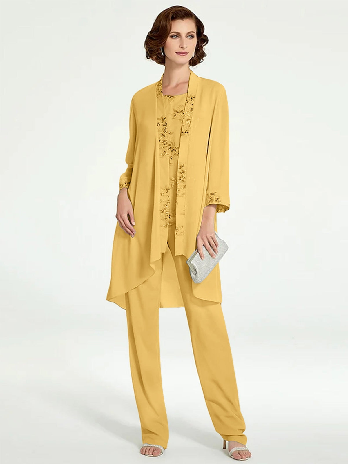 Long Round Neck Chiffon Pantsuits with Jacket for the Mother of the Bride