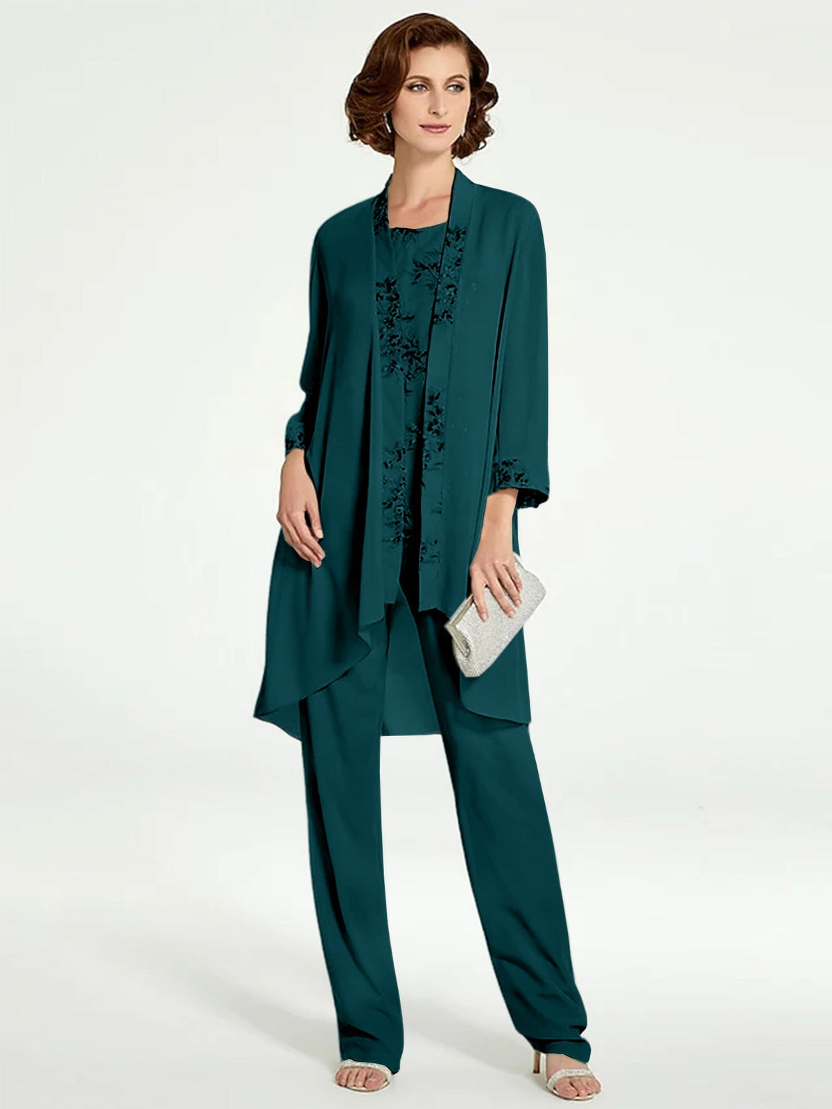 Long Round Neck Chiffon Pantsuits with Jacket for the Mother of the Bride