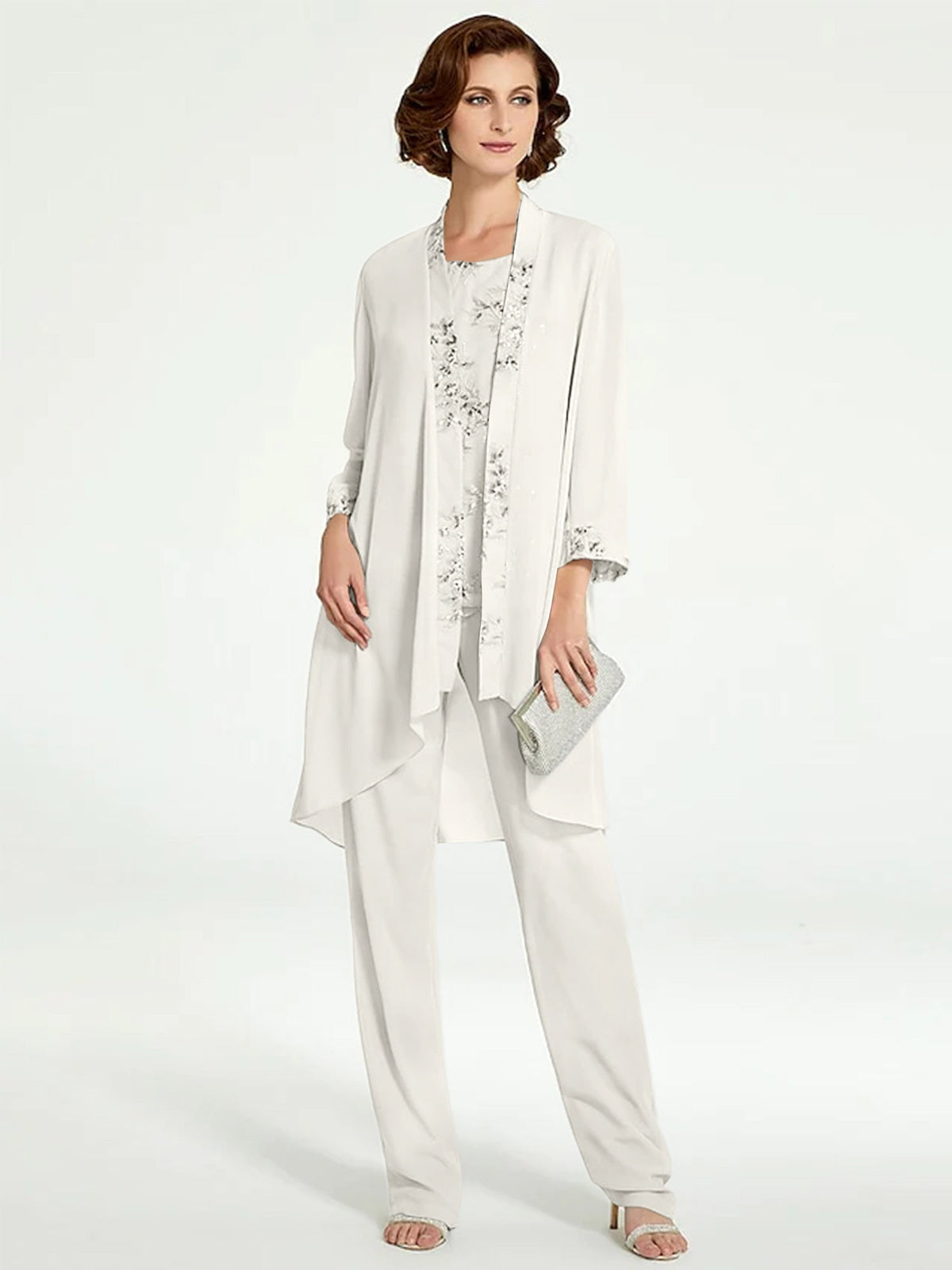 Long Round Neck Chiffon Pantsuits with Jacket for the Mother of the Bride