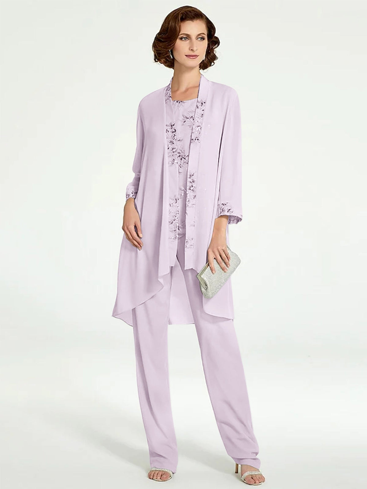 Long Round Neck Chiffon Pantsuits with Jacket for the Mother of the Bride