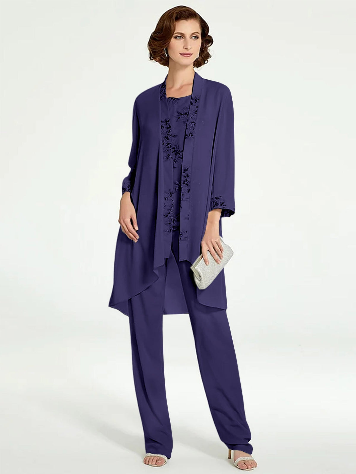 Long Round Neck Chiffon Pantsuits with Jacket for the Mother of the Bride