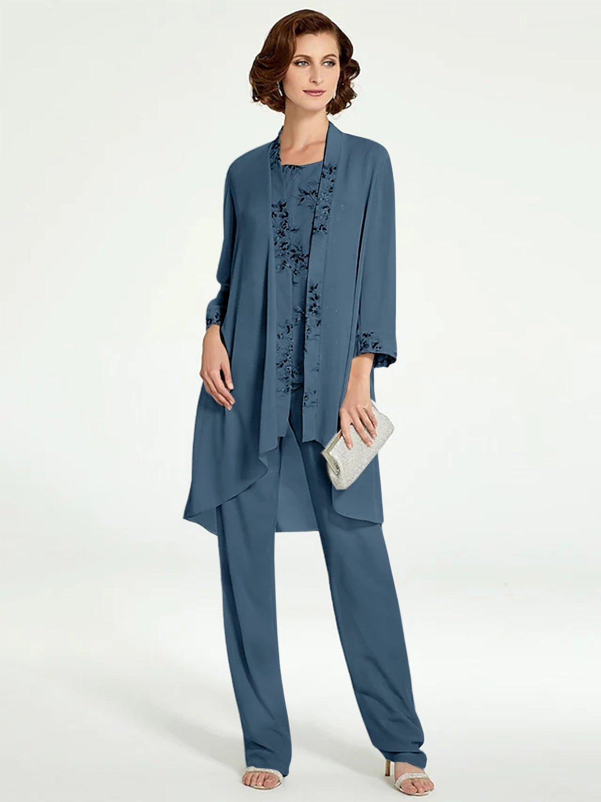 Long Round Neck Chiffon Pantsuits with Jacket for the Mother of the Bride