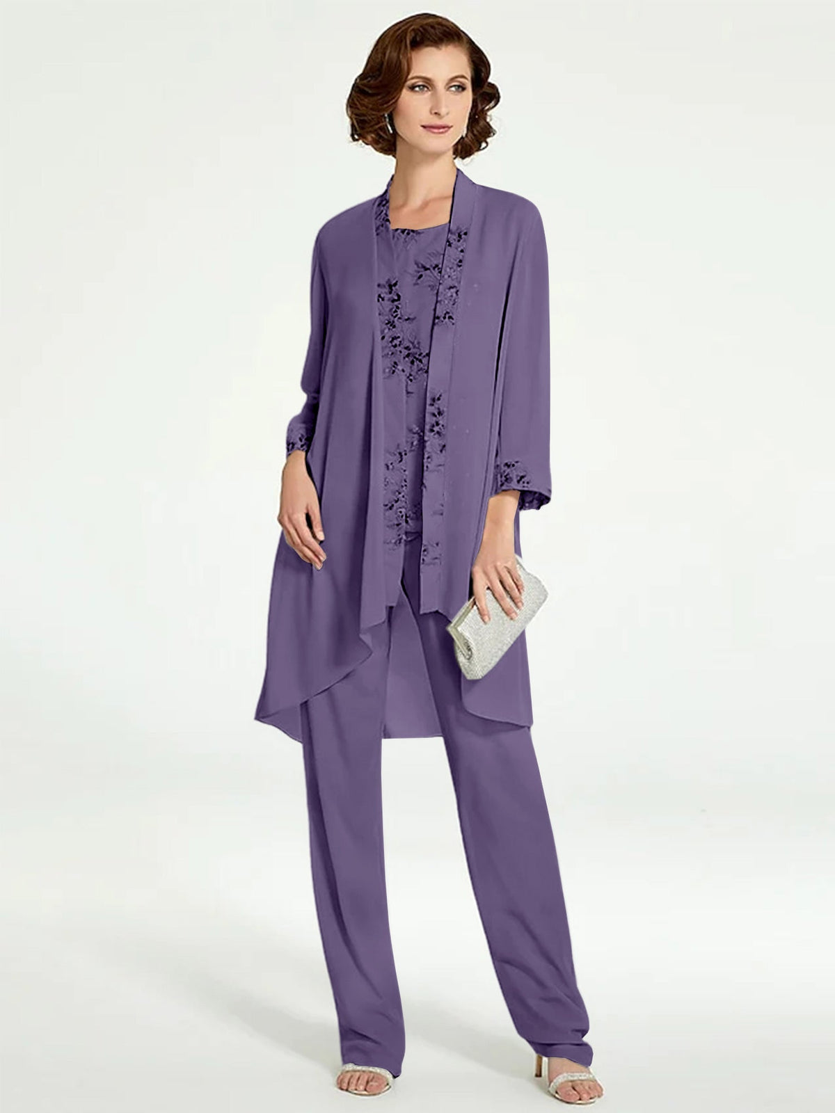 Long Round Neck Chiffon Pantsuits with Jacket for the Mother of the Bride