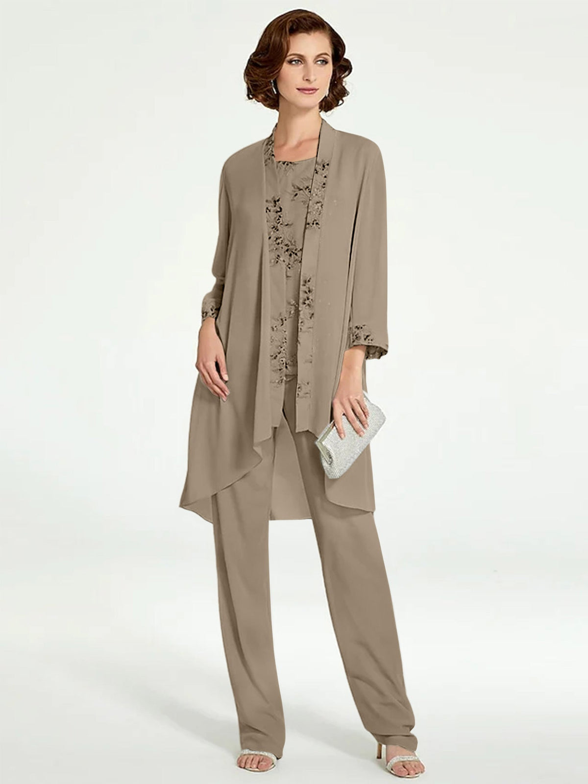 Long Round Neck Chiffon Pantsuits with Jacket for the Mother of the Bride