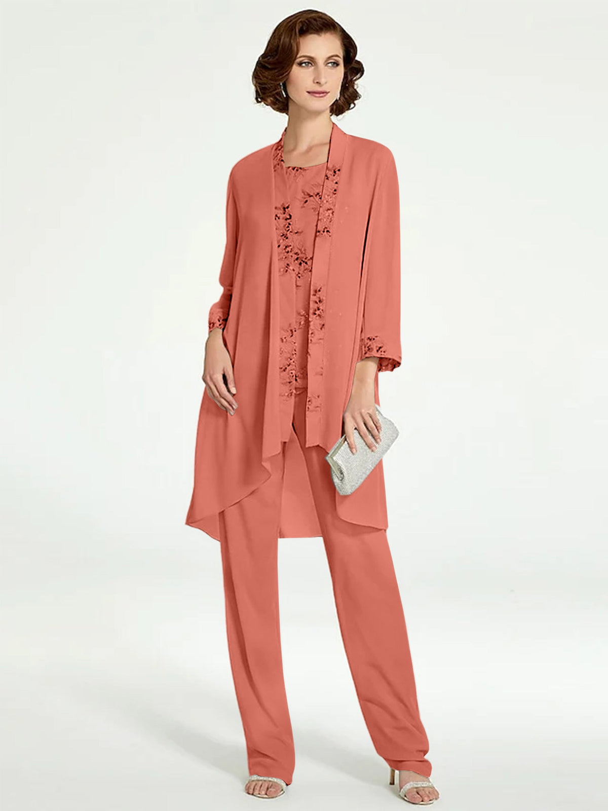 Long Round Neck Chiffon Pantsuits with Jacket for the Mother of the Bride