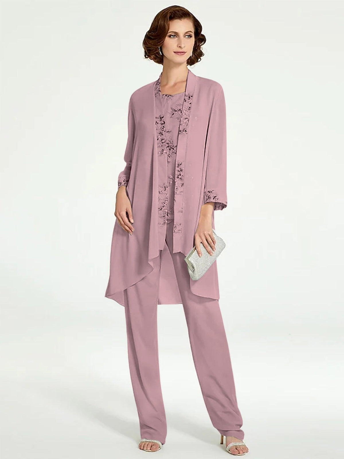Long Round Neck Chiffon Pantsuits with Jacket for the Mother of the Bride