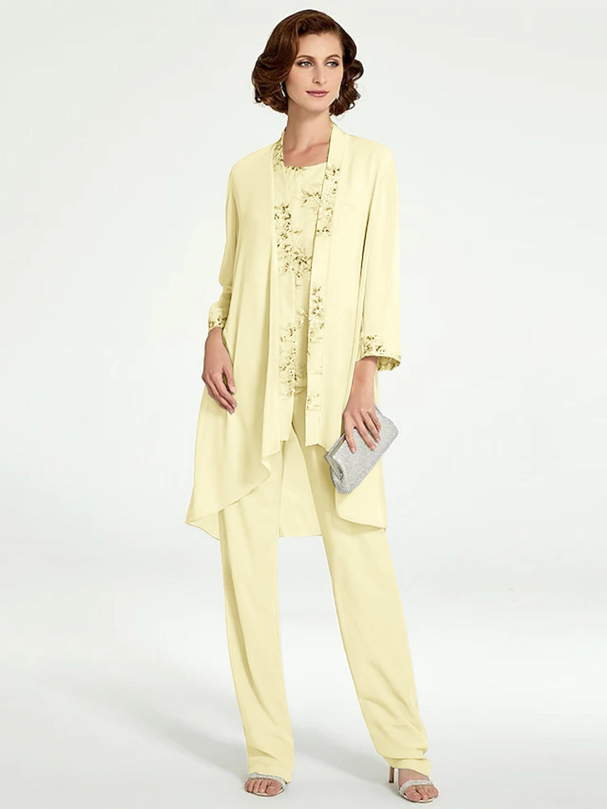 Long Round Neck Chiffon Pantsuits with Jacket for the Mother of the Bride