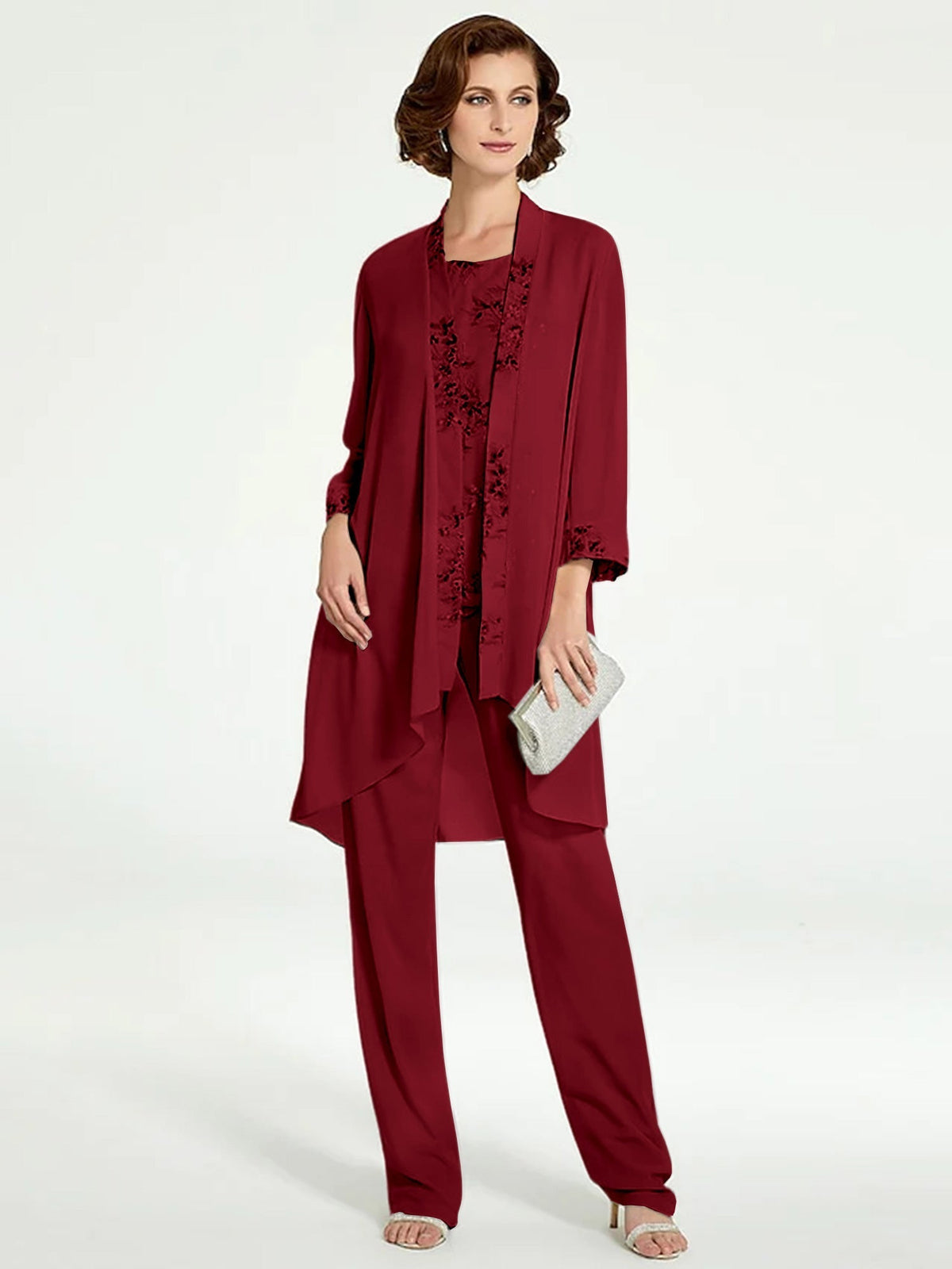 Long Round Neck Chiffon Pantsuits with Jacket for the Mother of the Bride