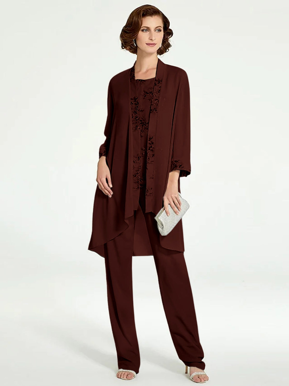 Long Round Neck Chiffon Pantsuits with Jacket for the Mother of the Bride