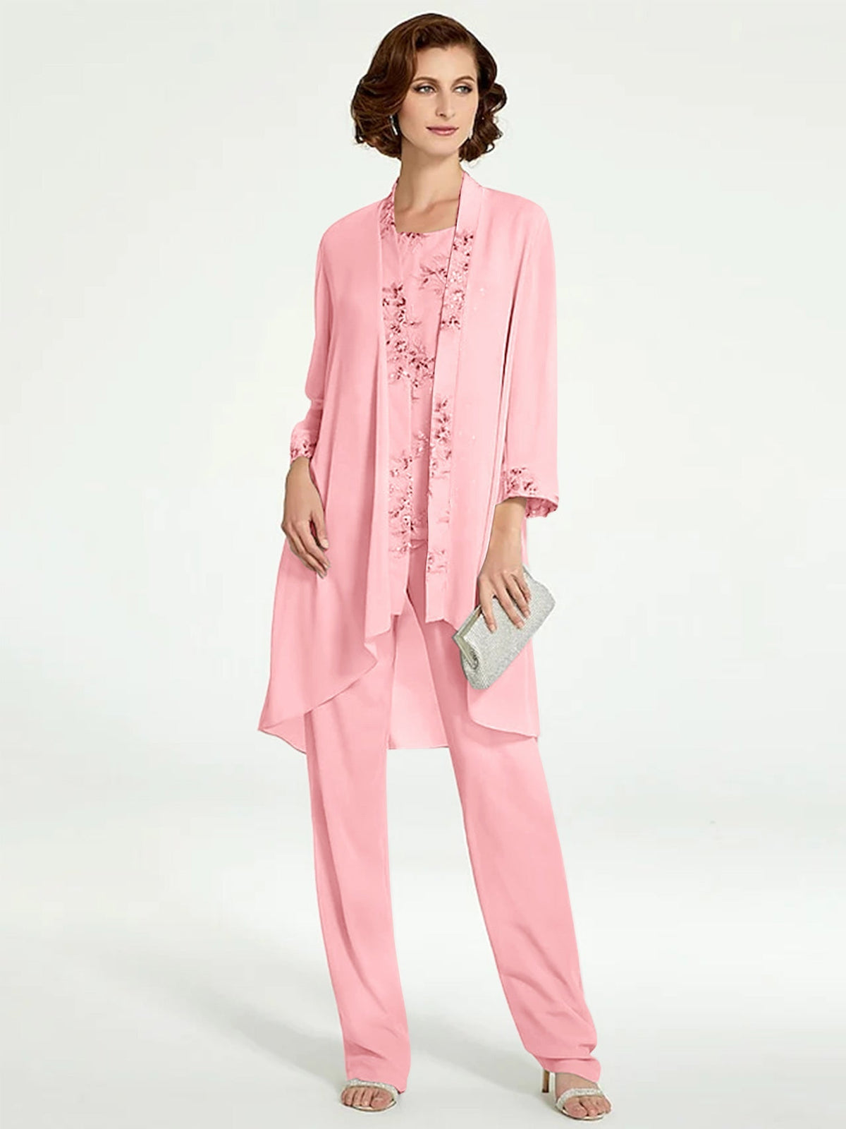 Long Round Neck Chiffon Pantsuits with Jacket for the Mother of the Bride