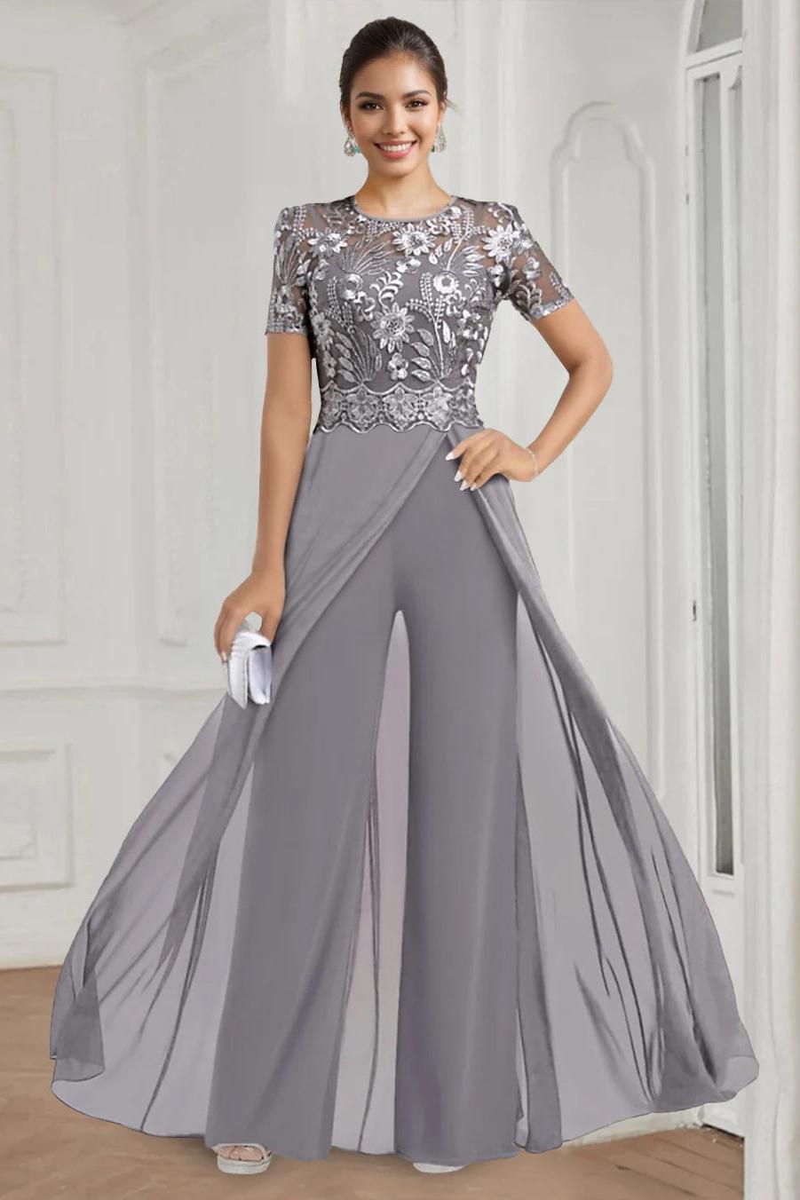 Long Round Neck Stretch Chiffon Mother of the Bride Pantsuit with Short Sleeves and Appliques Lace